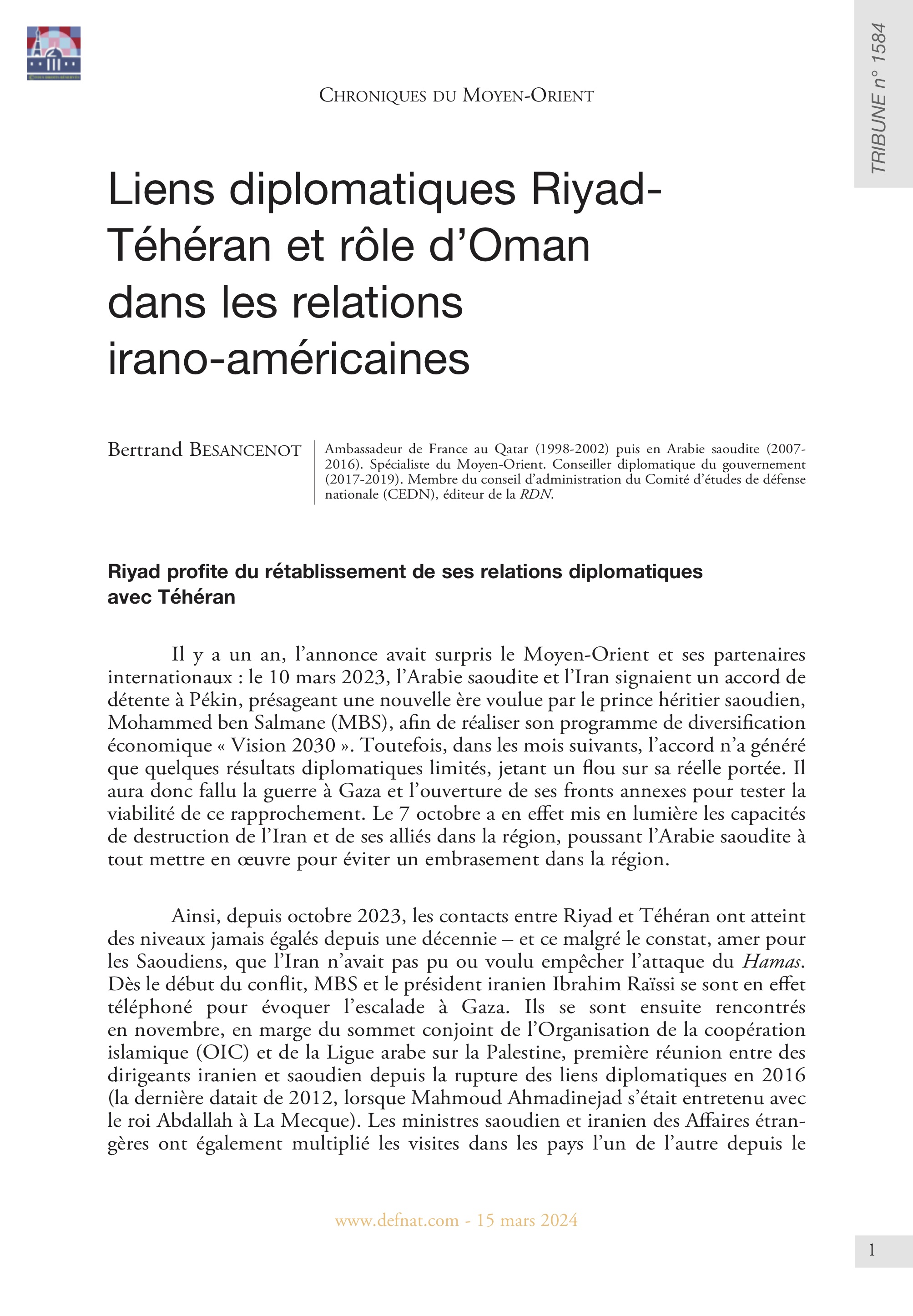 Liens diplomatiques Riyad-Téhéran et rôle d’Oman dans les relations irano-américaines (T 1584)
